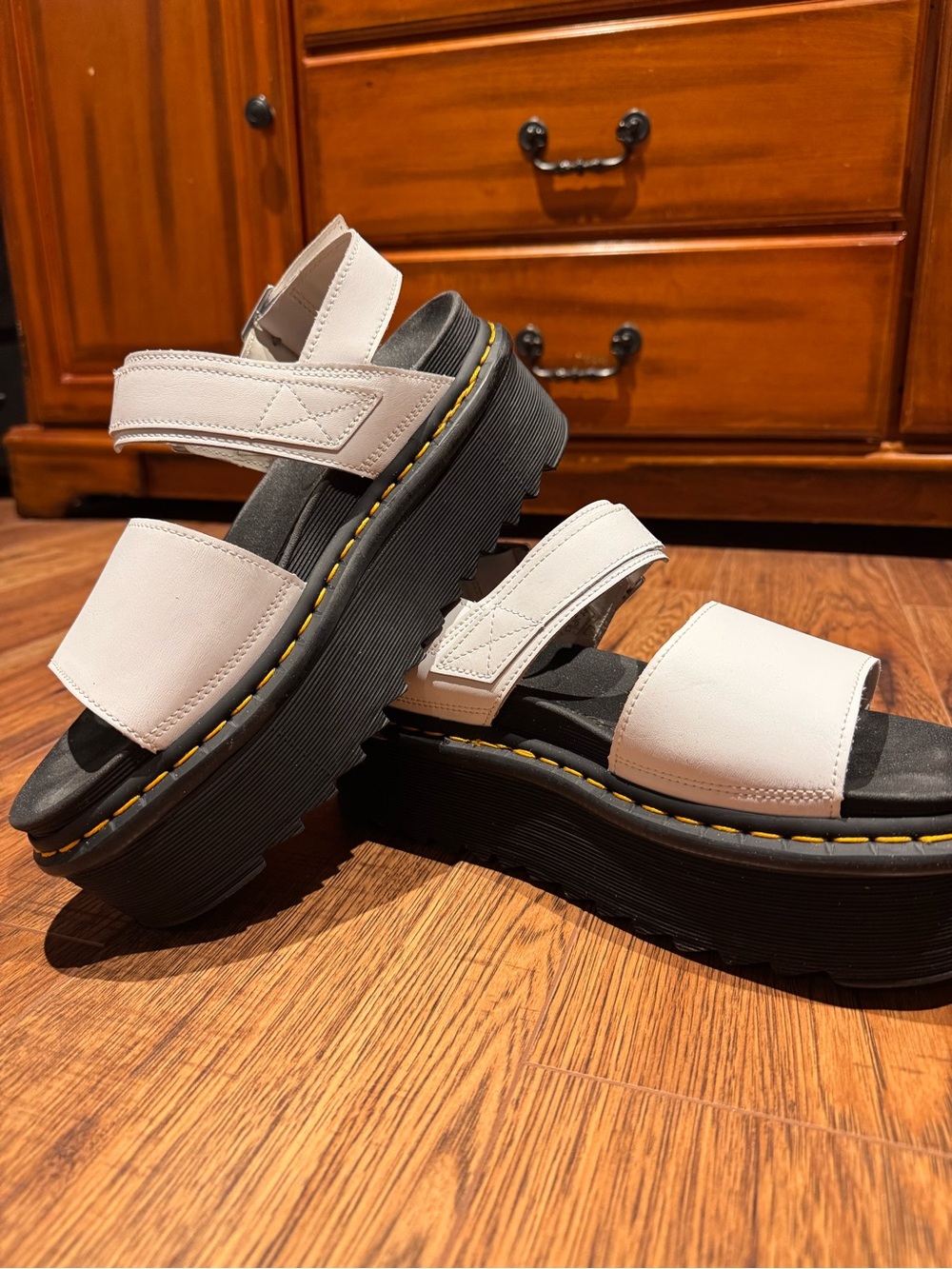 Dr. Martens white leather Platform Strap Sandals with Black Lug Sole